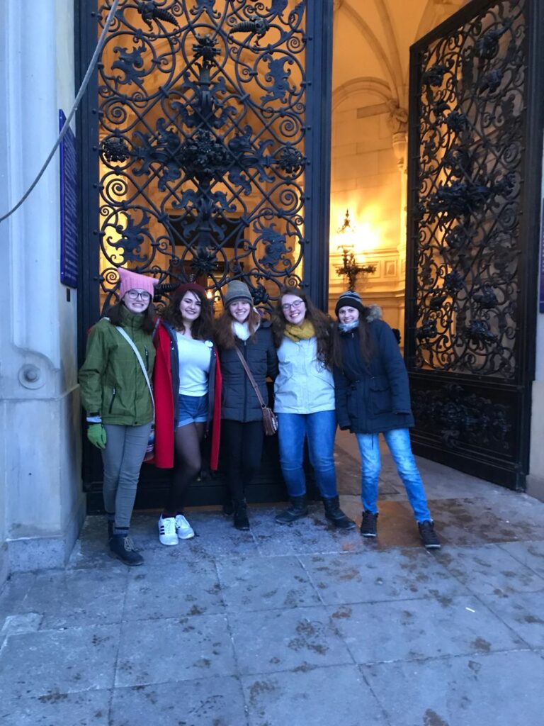 My fellow exchange friends, my host sister, and me in Hamburg for our mid-year seminar