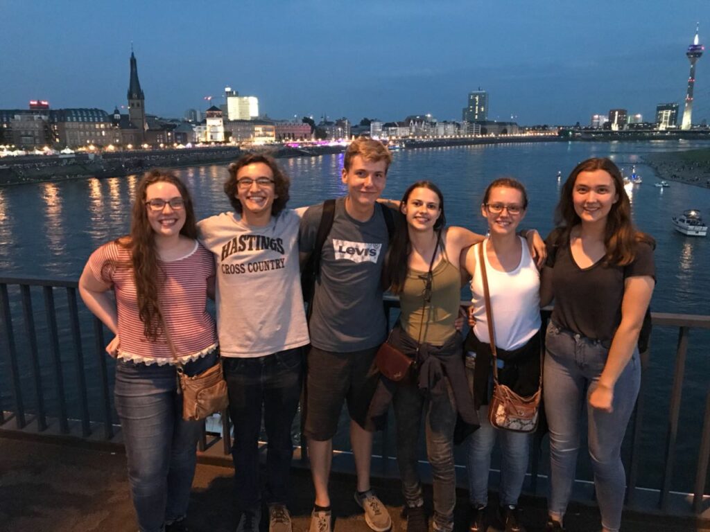 My fellow exchange friends, my host sister, a friend from Sweden, and me in Düsseldorf visiting for a Japan Day celebration