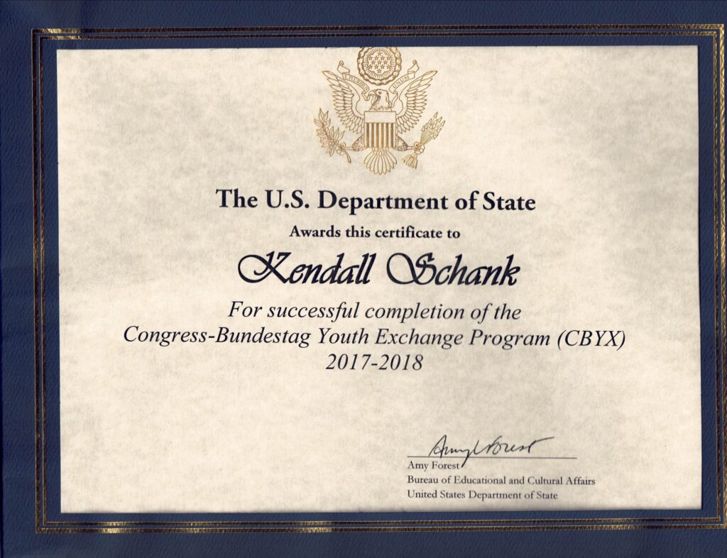 United State Department of State - CBYX Certificate